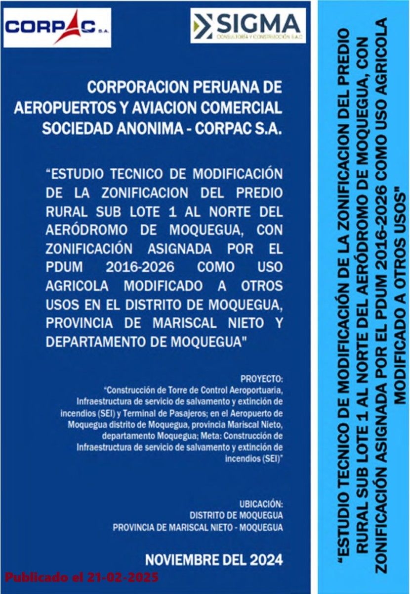 ESTUDIO TECNICO DE MODIFICACIÓN DE LA ZONIFICACION DEL PREDIO RURAL SUB LOTE 1 AL NORTE DEL AERÓDROMO DE MOQUEGUA, CON ZONIFICACION ASIGNADA POR EL PDUM AGRICOLA MODIFICADO A OTROS USOS EN EL DISTRITO DE MOQUEGUA, PROVINCIA DE MARISCAL NIETO Y DEPARTAMENTO DE MOQUEGUA