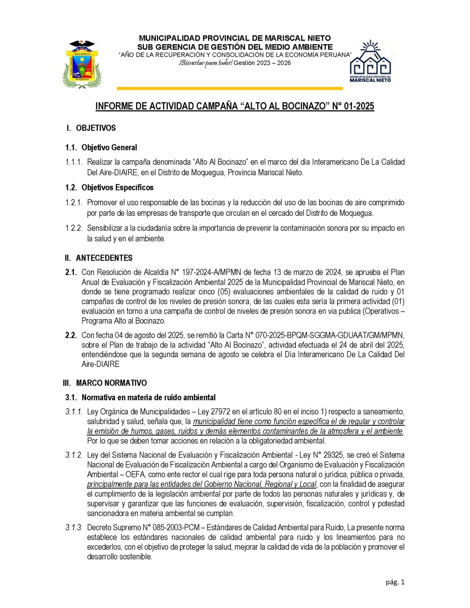 INFORME DE ACTIVIDAD DE CAMAPAÑA «ALTO AL BOCINAZO» N° 01-2025