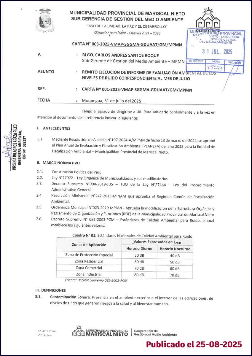INFORME DE EVALUACIÓN AMBIENTAL DE LOS NIVELES DE RUIDO CORRESPONDIENTES AL MES DE JULIO